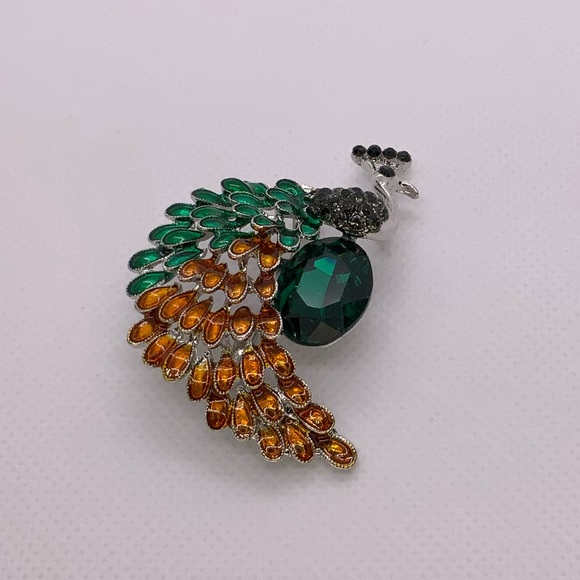 Large Green Emerald Crystal Peacock Brooch - Picture 4 of 7